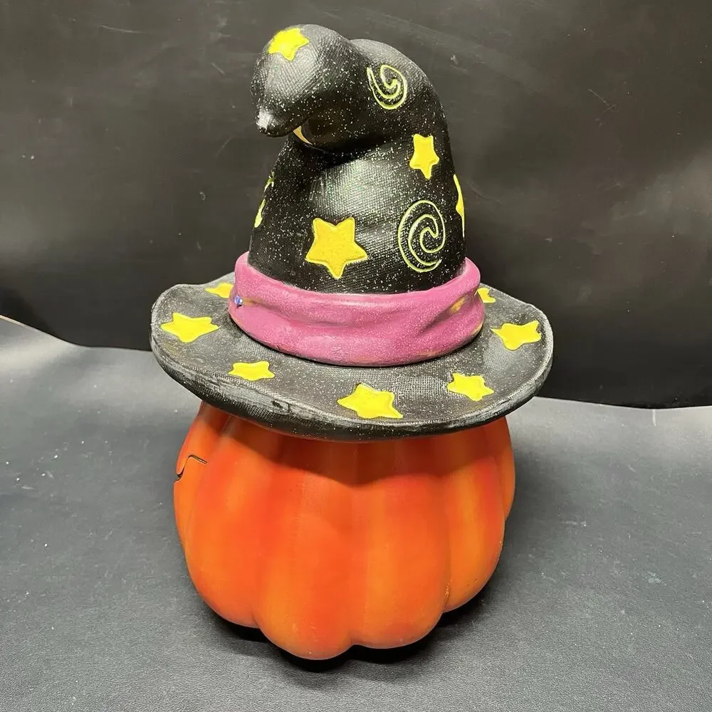 Goofy Pumpkin Wearing A Witch Hat MULTI Dancing Blink Light Up Halloween Decor.